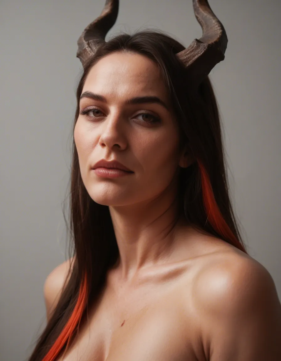studio quality, sharp focus, mature female, two-tone hair, horns, presenting, volumetric light, photorealistic, score_9, score_8, candid photo, realistic skin texture, visible skin pores, film grain, depth of field