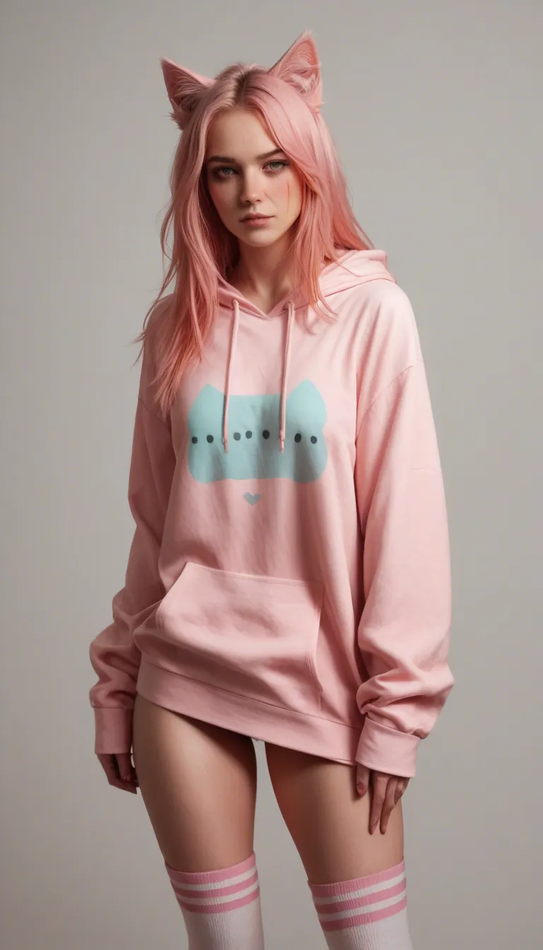 Vertical 9:16 cinematic digital art, hyperrealistic, high detail. An adult catgirl influencer in her early 20s, lithe and flushed, with fluffy black cat ears and a long tail, messy pastel-pink hair, wearing an oversized cropped hoodie and thigh-high socks. She is on a disheveled bed in a neon-lit streaming room. A ring light and a phone on a tripod are still recording, chat notifications glowing on the screen. Her expression is overwhelmed bliss: eyes rolled back, tongue out, drool at the corner of her mouth, cheeks bright red, cat ears twitching. A muscular adult male partner is behind her, mostly out of frame, hands gripping her hips, bodies pressed close in an implied passionate encounter. Sweat on skin, tangled sheets, discarded plushies, empty energy drink cans. Lighting: magenta and cyan neon, soft rim light, shallow depth of field, warm highlights on damp skin. Mood: intimate, chaotic, consensual, erotic, vulnerable. Style: cinematic, high-resolution digital painting, realistic textures, sensual not explicit, no visible nudity, no graphic genitalia, 18+ adult characters only. dslr, film grain, photorealistic, 3women, pants, doggy style, studio photo, score_9, score_8, candid photo, realistic skin texture, visible skin pores, film grain, depth of field