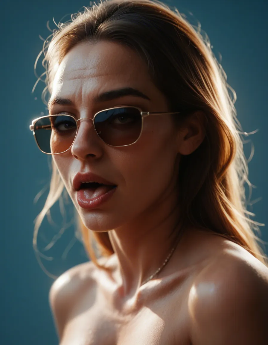 highly detailed, natural lighting, side view, milf, ahegao, sunglasses, blue background, seductive look, film photography, score_9, score_8, candid photo, realistic skin texture, visible skin pores, film grain, depth of field