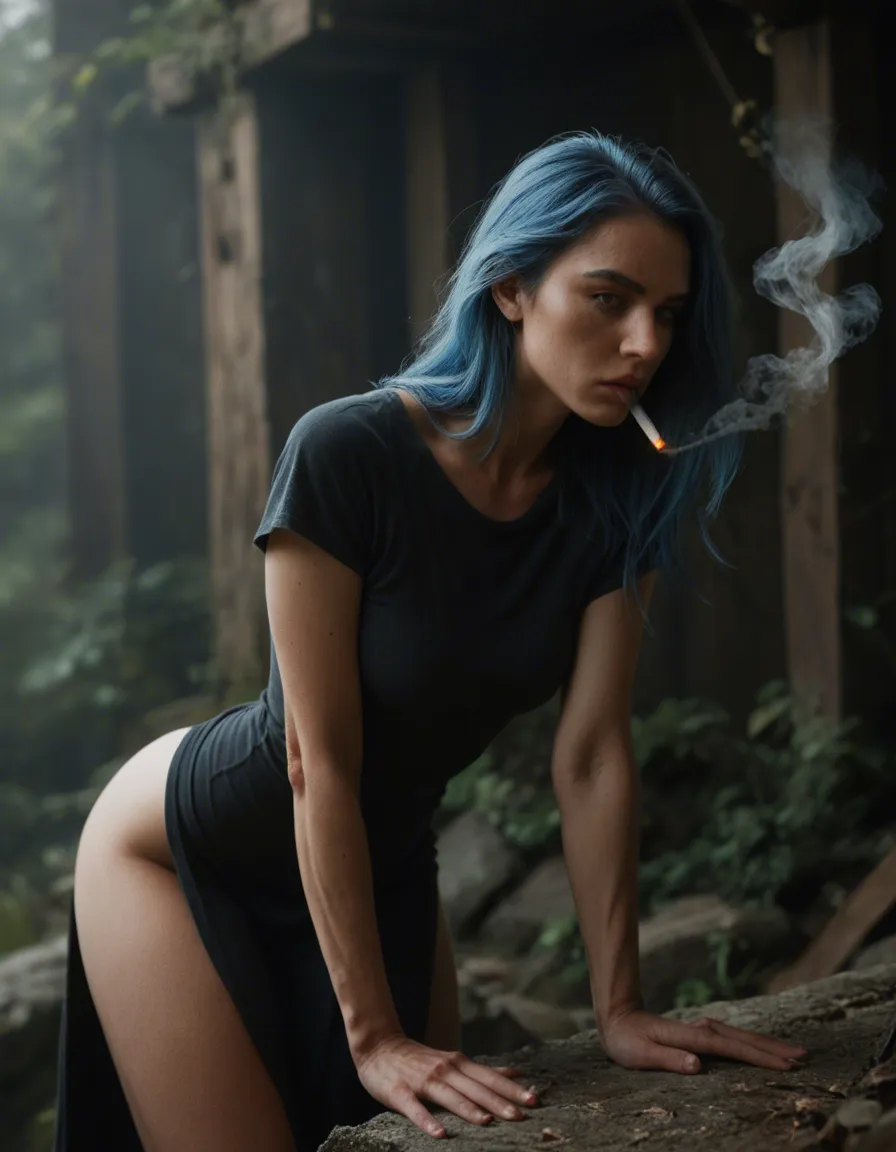 ultra HD, lifelike, witch, blue hair, short sleeves, bent over, natural skin texture smoking, score_9, score_8, candid photo, realistic skin texture, visible skin pores, film grain, depth of field