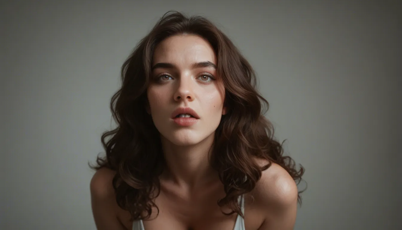 Hot 21 year old brunette woman with long dark wavy hair, pretty face, on her knees looking up with watery eyes, mouth wide open and filled with a thick hard cock being face fucked, spit and saliva dripping down her chin, tears slightly in her eyes, big natural tits fully exposed and bouncing, wearing tight black Nike Pro shorts, flushed cheeks, messy hair being grabbed, explicit deepthroat, realistic detailed skin texture, intimate close-up POV from above, soft dramatic lighting, highly detailed, uncensored NSFW