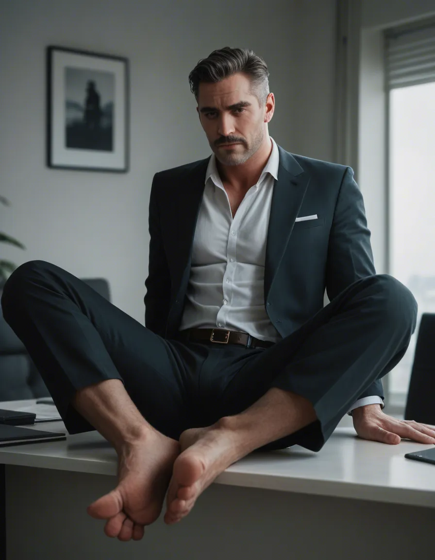 professional photo, high detail, male focus, soles, office wear, bondage, blurry background, ambient glow, cinematic realism, score_9, score_8, candid photo, realistic skin texture, visible skin pores, film grain, depth of field