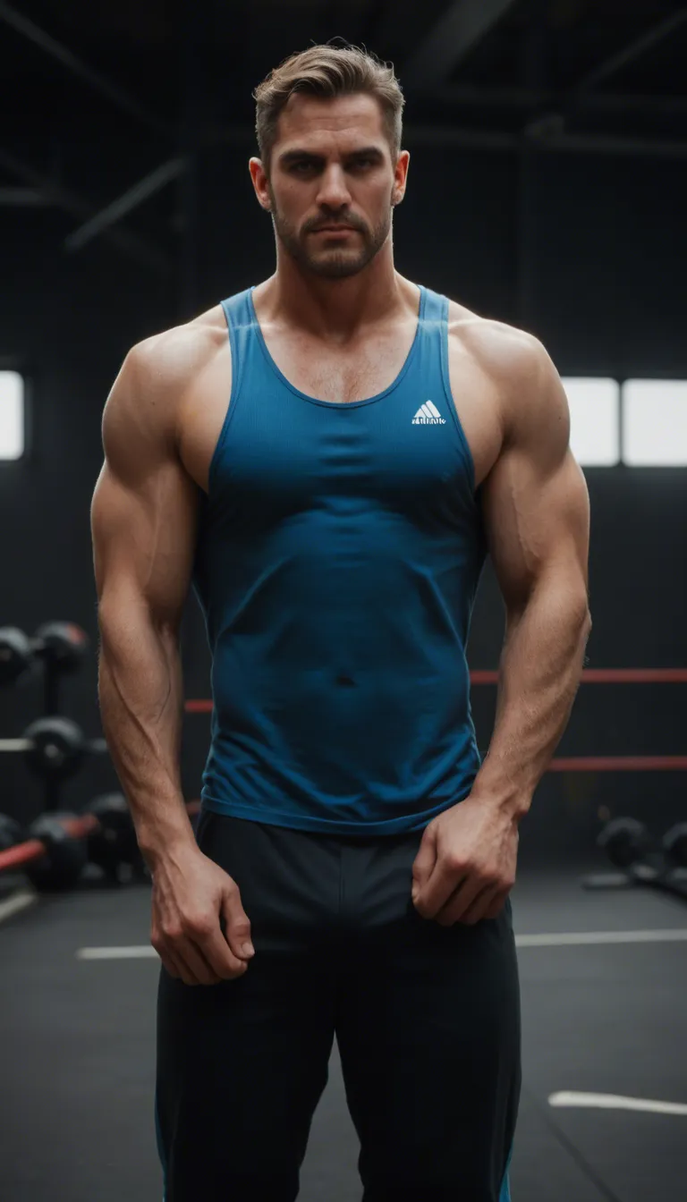 Muscle male hairy wrestler clothes in a blue singlet getting his crotch grabbed by his coach in front of gym class.