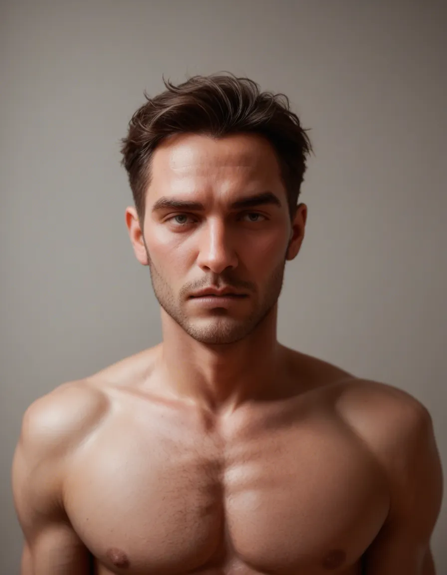 studio quality, sharp focus, portrait, male focus, fully nude, cleavage, submissive blush, 8k uhd photo, score_9, score_8, candid photo, realistic skin texture, visible skin pores, film grain, depth of field
