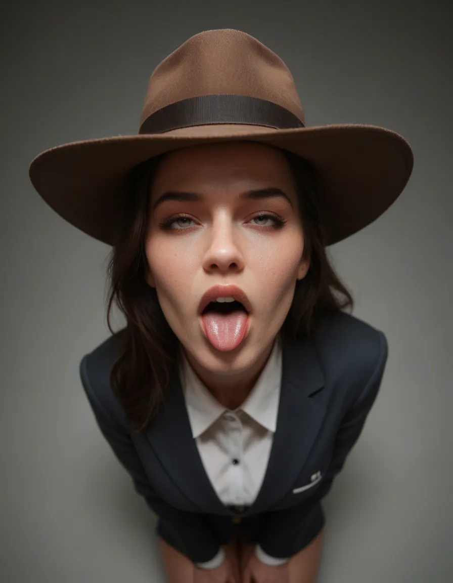 professional photo, high detail, brunette woman, buttons, hat, ahegao, from above, studio photo, score_9, score_8, candid photo, realistic skin texture, visible skin pores, film grain, depth of field