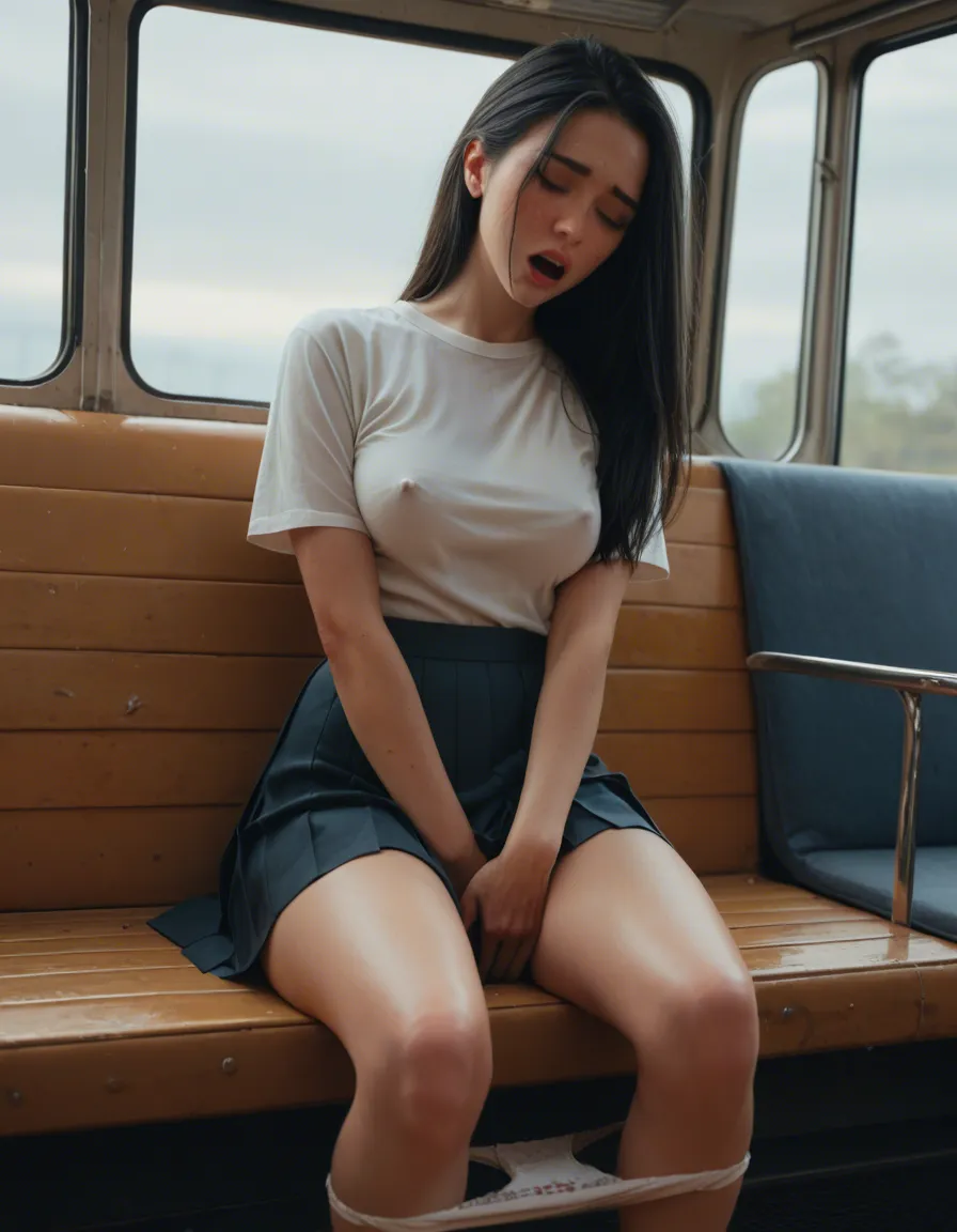 woman 30 years old long black hair, cute heart shaped face, blue eyes, orgasm, facing_away . Sitting on bus across walkway, legs_together . Wearing blouse and pleated_dress , panties down, erect nipples, masturbation female_masturbation, score_9, score_8, candid photo, realistic skin texture, visible skin pores, film grain, depth of field