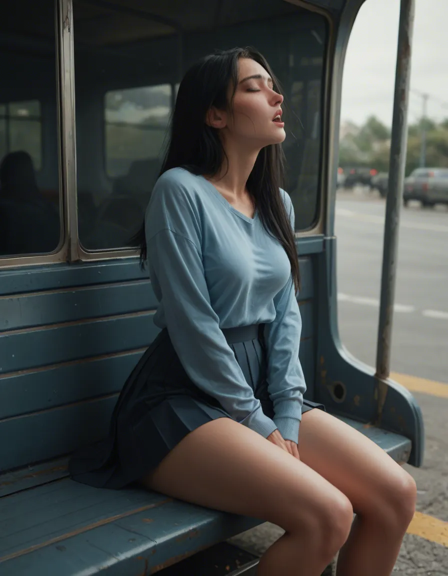 woman 18 years old long black hair, cute heart shaped face, blue eyes, orgasm, facing_away . Sitting on bus across walkway, legs_together . Wearing blouse and pleated_dress , panties down, masturbation female_masturbation,,, score_9, score_8, candid photo, realistic skin texture, visible skin pores, film grain, depth of field