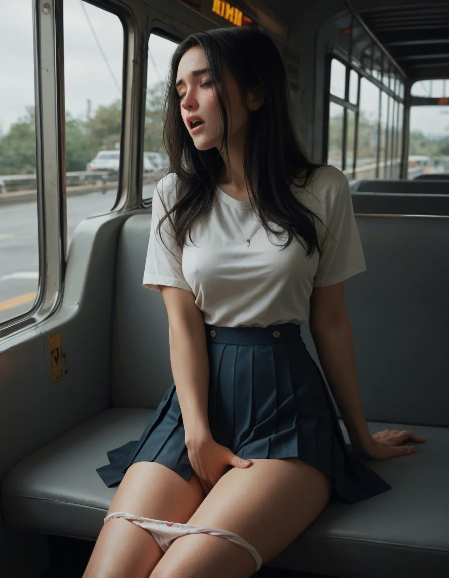 woman 30 years old long black hair, cute heart shaped face, blue eyes, orgasm, facing_away . Sitting on bus across walkway, legs_together ,panties down . Wearing blouse and pleated_dress , panties down, masturbation female_masturbation, score_9, score_8, candid photo, realistic skin texture, visible skin pores, film grain, depth of field