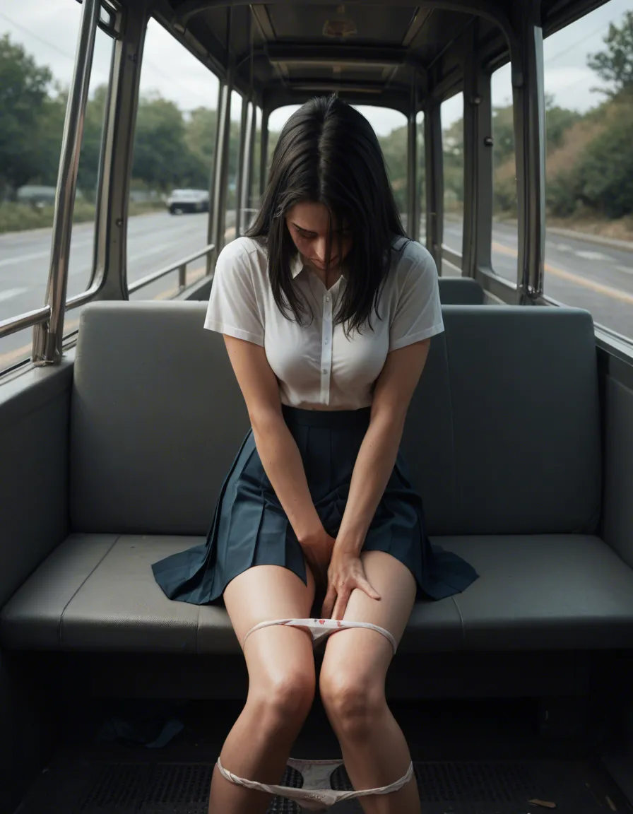 woman 30 years old long black hair, cute heart shaped face, blue eyes, orgasm, facing_away . Sitting on bus across walkway, legs_together ,panties down . Wearing blouse and pleated_dress , panties down, fingering , masturbation female_masturbation,, score_9, score_8, candid photo, realistic skin texture, visible skin pores, film grain, depth of field