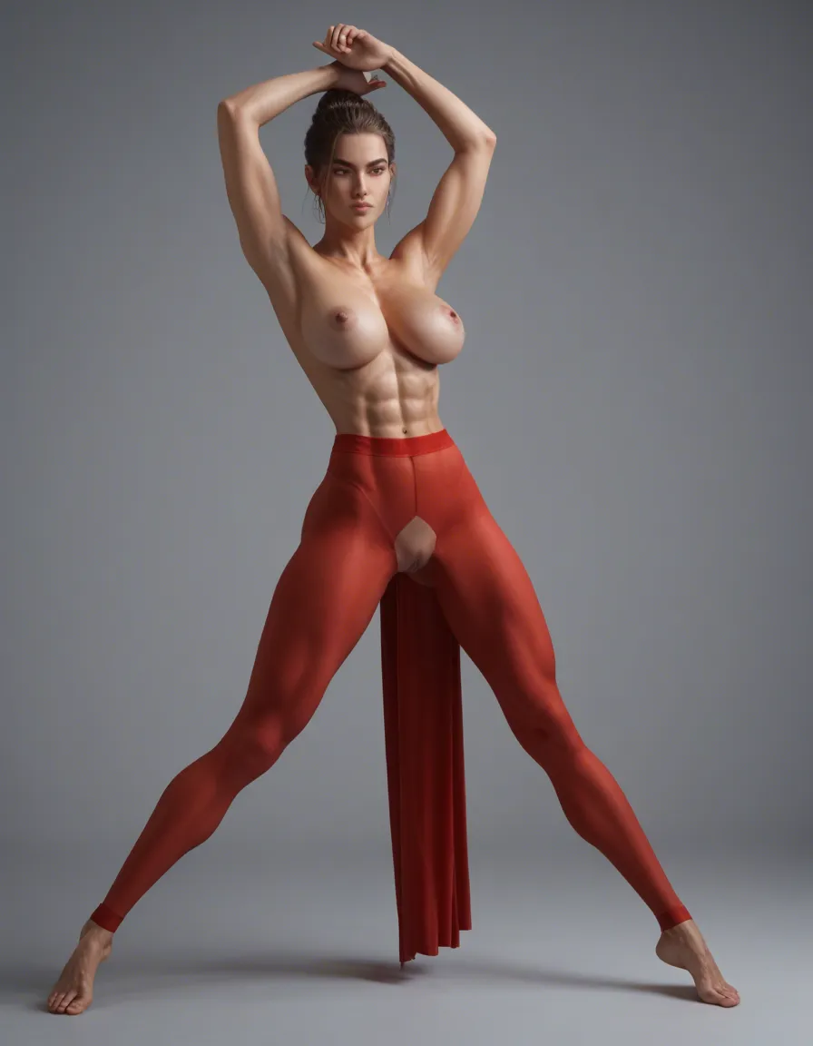 full_body, dancer, barefoot, athletic, abs, slim long legs, no top, red pantyhose, exposed pussy, big breasts, firm breasts, sculpted ass, slender, narrow waist, contortionist, yoga pose, barefoot, ballerina bun hair, elegant, score_9, score_8, candid photo, realistic skin texture, visible skin pores, film grain, depth of field, score_9, score_8, amateur photo, phone snapshot, realistic skin texture, skin blemishes, soft indoor lighting, score_9, score_8, cinematic film still, anamorphic, film grain, dramatic lighting, shallow depth of field, score_9, score_8, candid photo, realistic skin texture, visible skin pores, film grain, depth of field, score_9, score_8, 3d render, octane render, subsurface scattering, ray tracing, smooth shading, score_9, score_8, 3d render, octane render, subsurface scattering, ray tracing, smooth shading