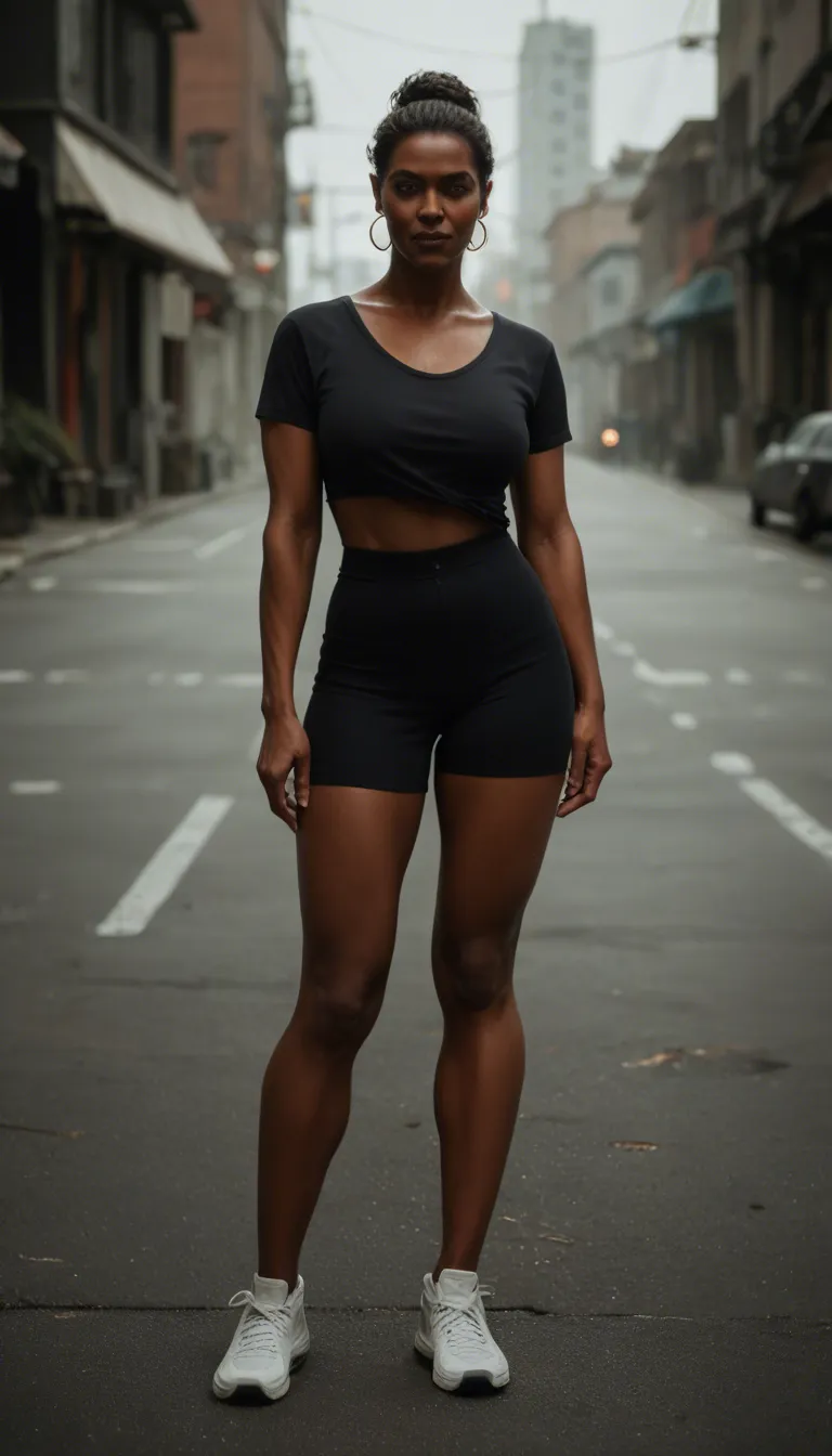 dslr, film grain, photorealistic, milf, dark-skinned female, shoes, hair flip, teasing, day, medium shot, lifelike render