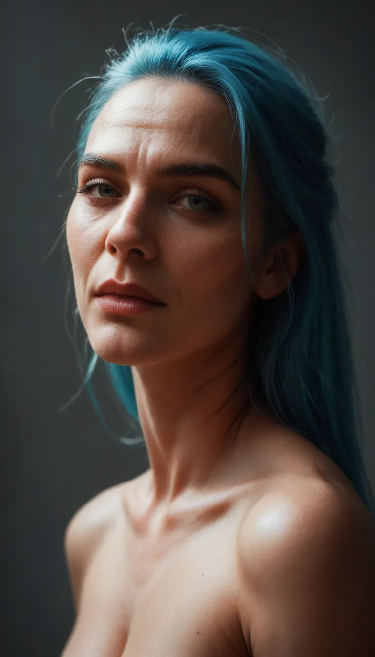 A stunning 30-year-old woman with long, vibrant turquoise-blue hair that has a soft silky texture and natural shine. The hair is tied in a high, slightly messy ponytail with several long strands falling loosely around her face and over her shoulders. Soft feathered bangs frame her forehead. She has an elegantly feminine face with a slightly heart-shaped structure, high cheekbones, a delicate pointed chin and smooth fair skin. Large expressive almond-shaped blue eyes with long thick eyelashes, thin well-defined eyebrows, a small slightly upturned nose and full, naturally plump soft pink lips. Her expression is aroused and focused, lips slightly parted.
She has a slim yet distinctly feminine and athletic body. Medium-sized, firm and perky breasts with a natural rounded shape. Narrow toned waist curving into wide feminine hips. A firm, round, elastic peach-shaped butt that looks tight and lifted. Long slender toned legs.
She is wearing sexy black lingerie: a sheer black lace bra that pushes up and accentuates her firm medium breasts, a tiny black lace thong that barely covers her pussy, a black garter belt with thin straps, and sheer black thigh-high stockings. The lingerie is tight and elegant, contrasting beautifully against her fair skin.
She is straddling a realistic dildo that is glistening and wet with her own juices. Her pussy is pressed tightly against the shaft as she slowly and deliberately grinds and rubs her soaked folds up and down along the wet dildo, coating it even more with her juices. Her hips move in a sensual, rhythmic motion, spreading her wetness all over the toy while her firm butt flexes with each movement.