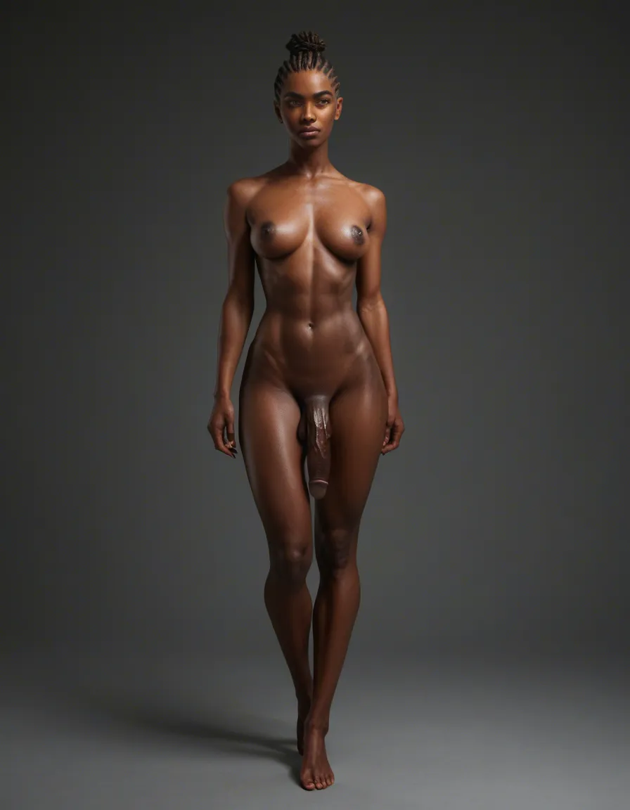 futa with mocha skin, brown cornrows with red tint, slim, with pert breasts and big penis,, full body image, score_9, score_8, candid photo, realistic skin texture, visible skin pores, film grain, depth of field