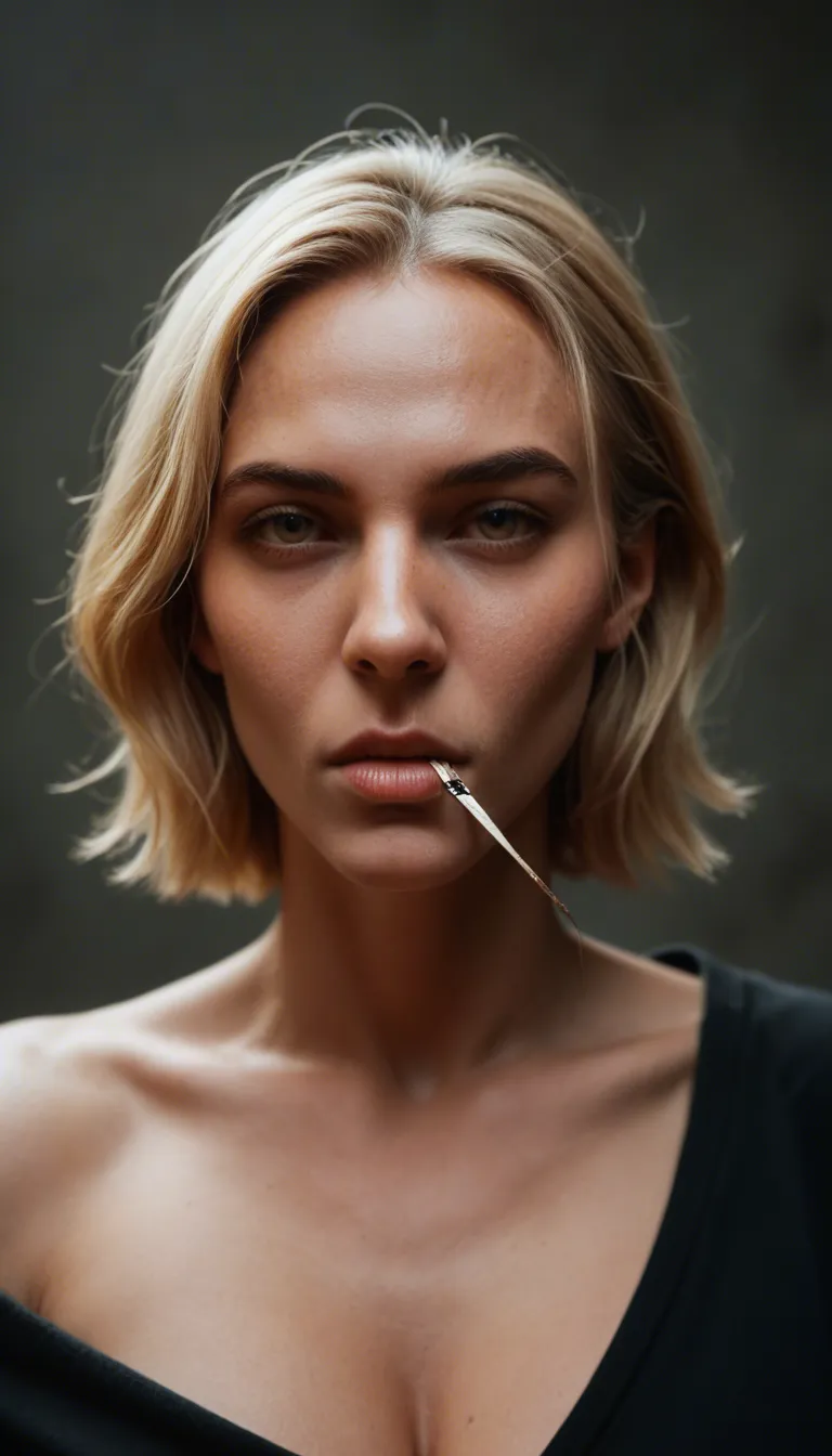 sharp focus, detailed skin, arching back, warm tones, hyperrealistic, blond, short_hair, mouth_hold