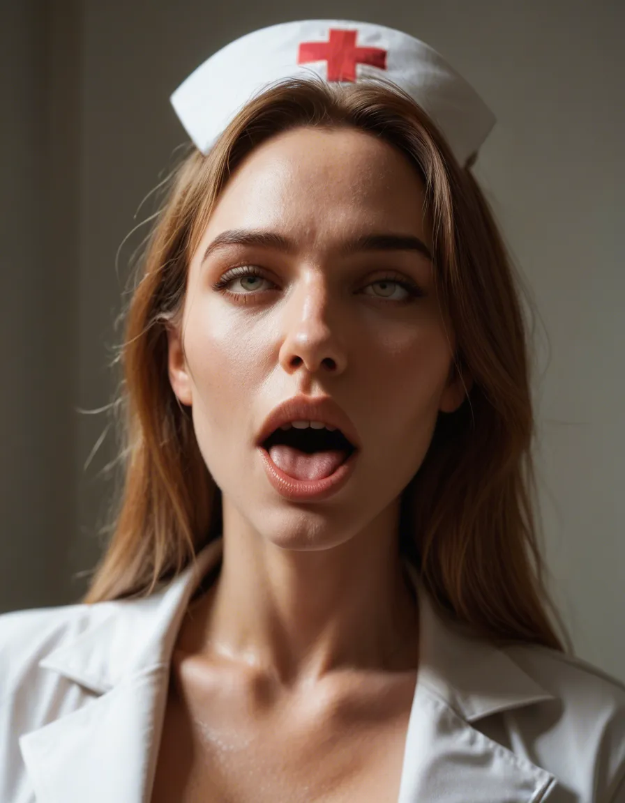 ultra HD, lifelike, nurse, parted bangs, pants, ahegao, spotlight, dslr quality, score_9, score_8, candid photo, realistic skin texture, visible skin pores, film grain, depth of field