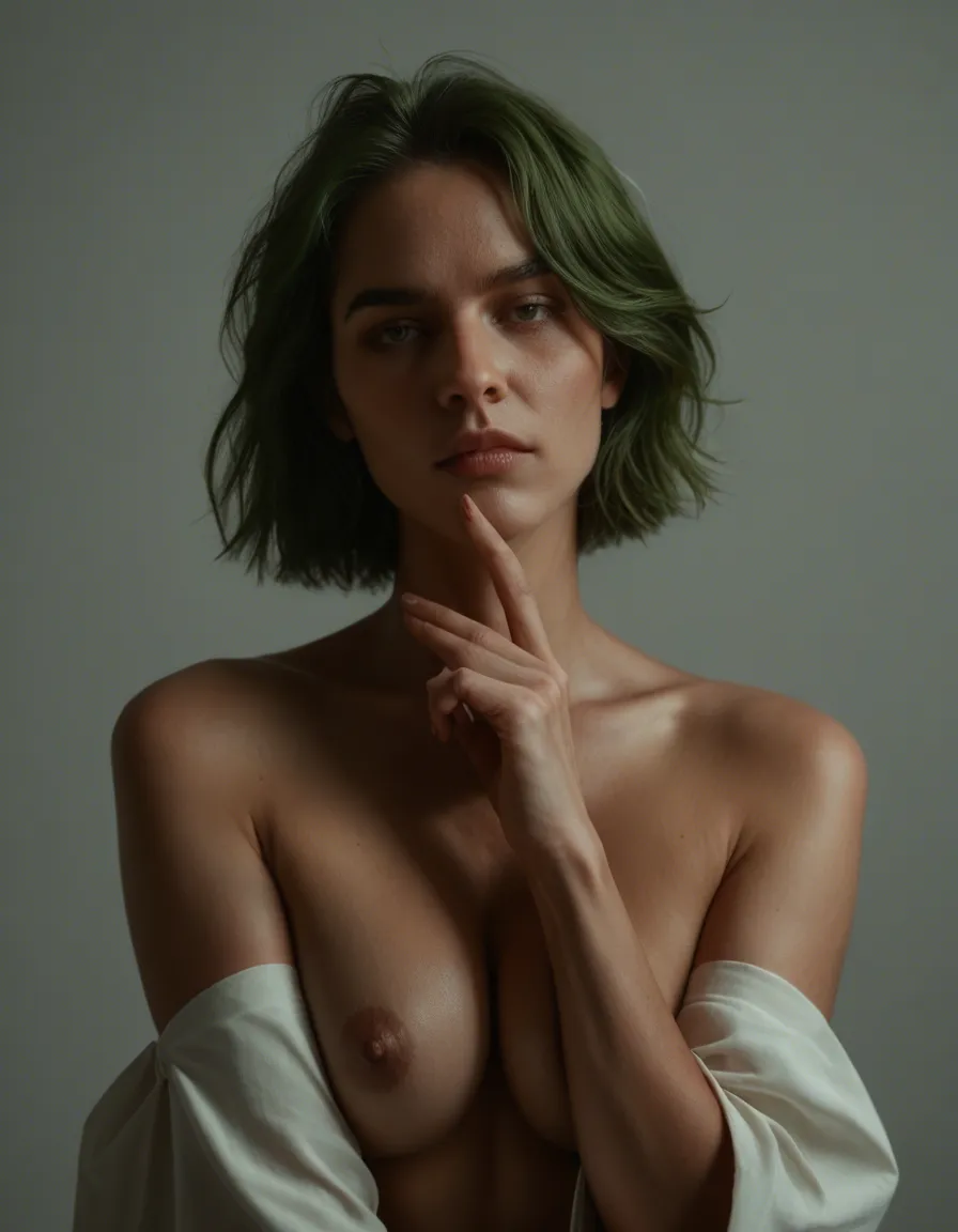dslr, film grain, photorealistic, 1boy, green hair, detached sleeves, fully nude, dramatic lighting, studio photo, score_9, score_8, candid photo, realistic skin texture, visible skin pores, film grain, depth of field