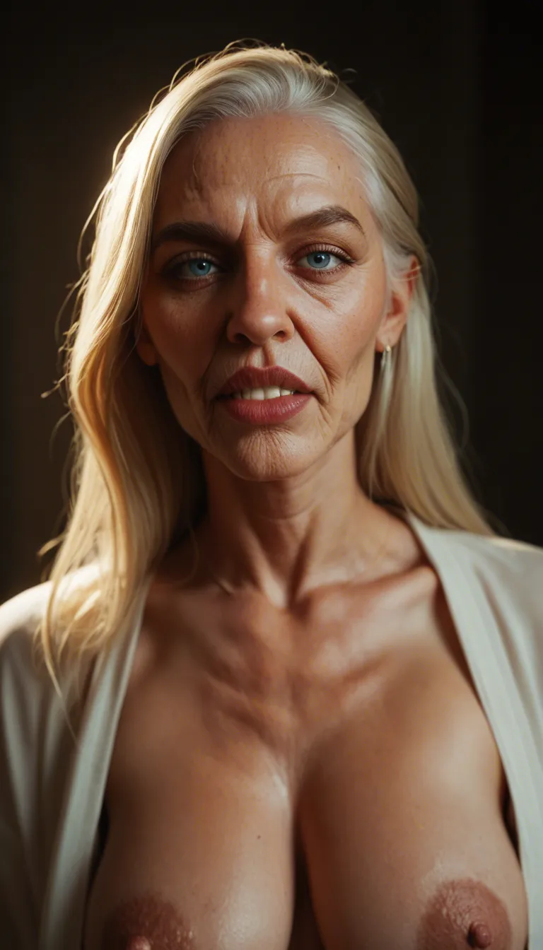a blonde grandma with a long face, big nose, big teeth, full lips, blue eyes, big natural sagging saggy breasts with ENORMOUS oversized areolae and huge thick hard nipples is laughing into the camera saying "Mr. Smith." in a text bubble; Las Vegas penthouse at night