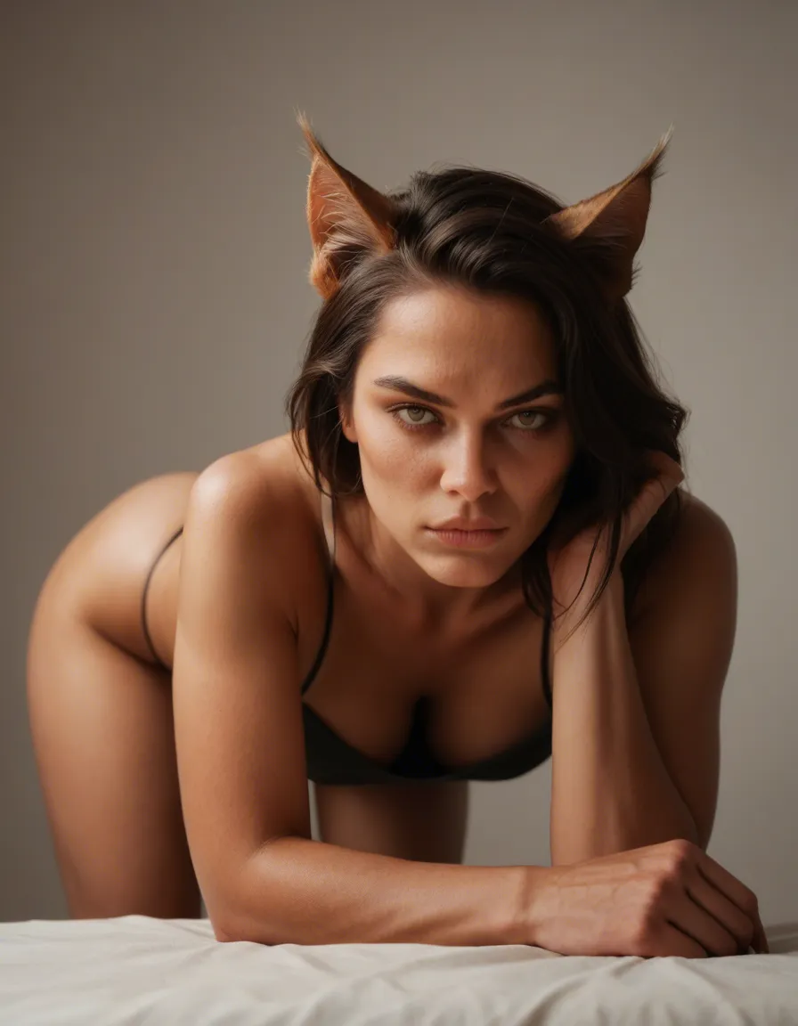 best quality, hyperrealistic, catgirl, bent over, bare shoulders, dominant stare, natural skin texture, score_9, score_8, candid photo, realistic skin texture, visible skin pores, film grain, depth of field
