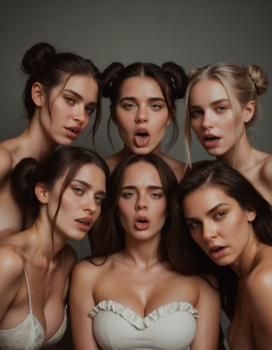 dslr, film grain, photorealistic, 4women, double bun, frills, ahegao, hyperrealistic, score_9, score_8, candid photo, realistic skin texture, visible skin pores, film grain, depth of field
