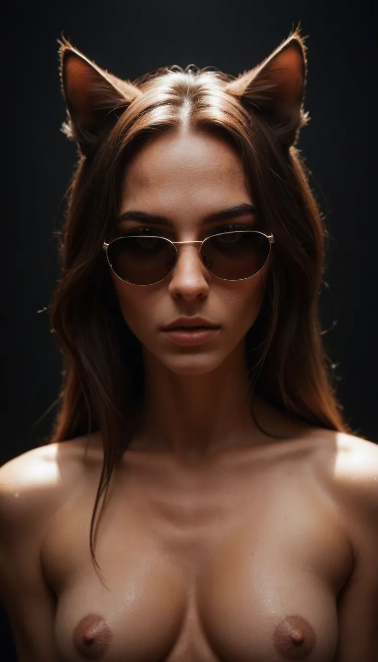 sharp focus, 8k uhd, catgirl, sunglasses, sleeveless, presenting, black background, cool tones, 8k uhd photo nude