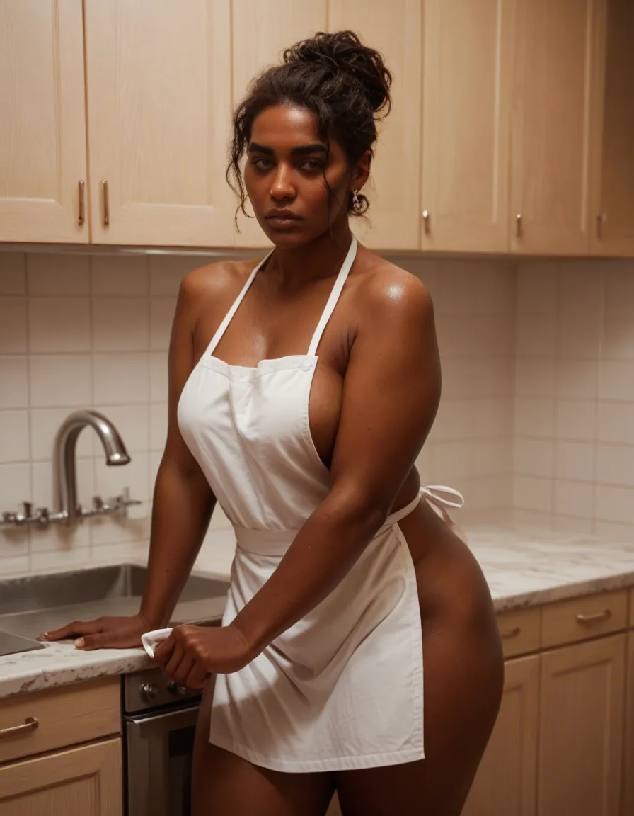 A 35 year old, dark skinned, little chubby, natural unshaven, nude Indian woman wearing only a loose red short kitchen apron, in a classy bathroom in the afternoon, one of her boobs is popping out of the apron at the side. Casual style photo., score_9, score_8, amateur photo, phone snapshot, realistic skin texture, skin blemishes, soft indoor lighting