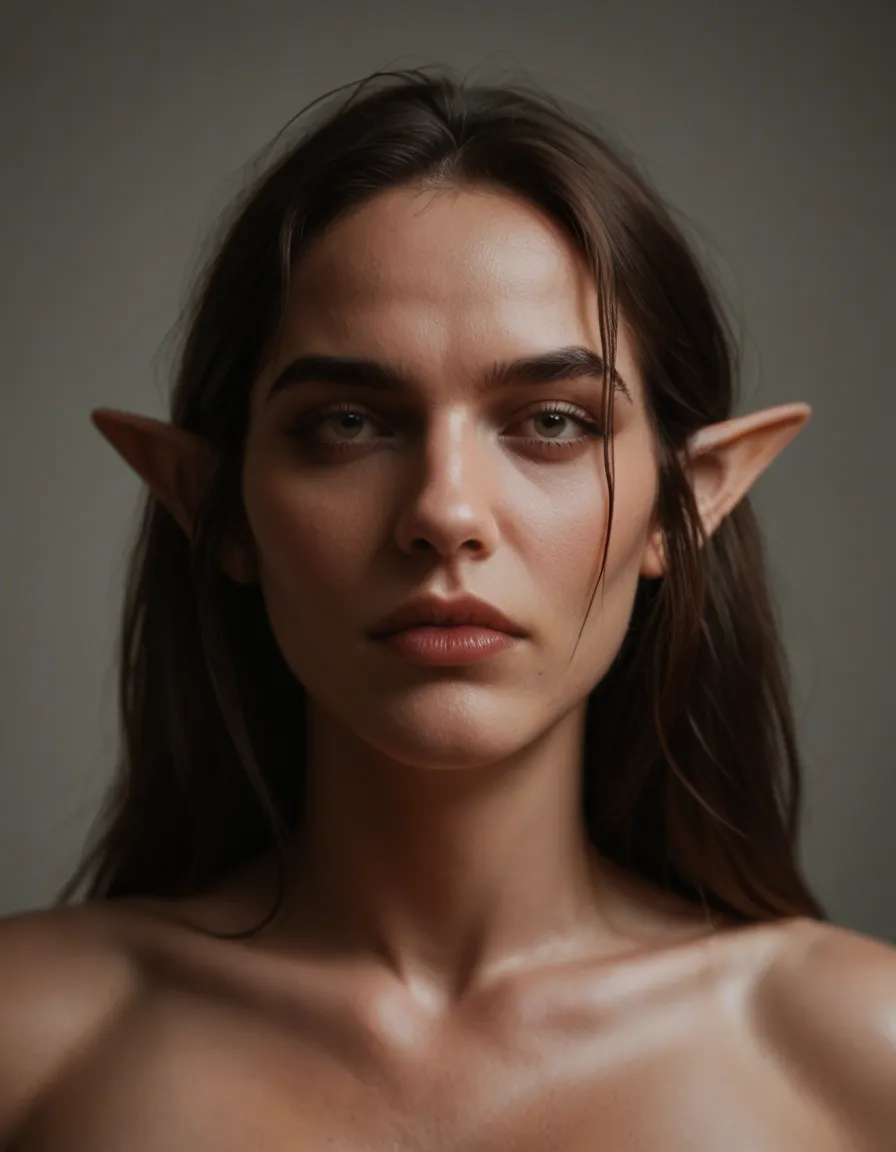 dslr, film grain, photorealistic, brunette woman, futanari, pointy ears, dominant stare, cinematic realism, score_9, score_8, candid photo, realistic skin texture, visible skin pores, film grain, depth of field