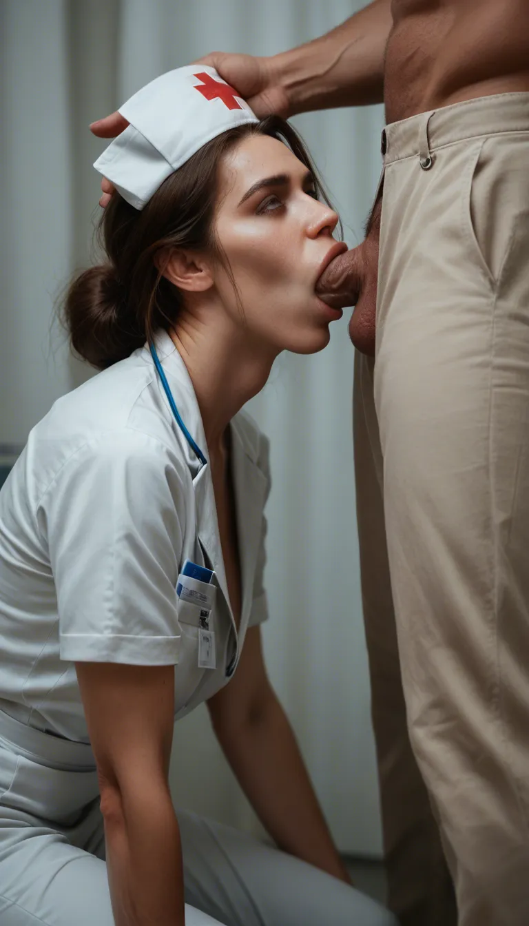 studio quality, sharp focus, nurse, feet out of frame, pants, deepthroat, volumetric light, hyperrealistic