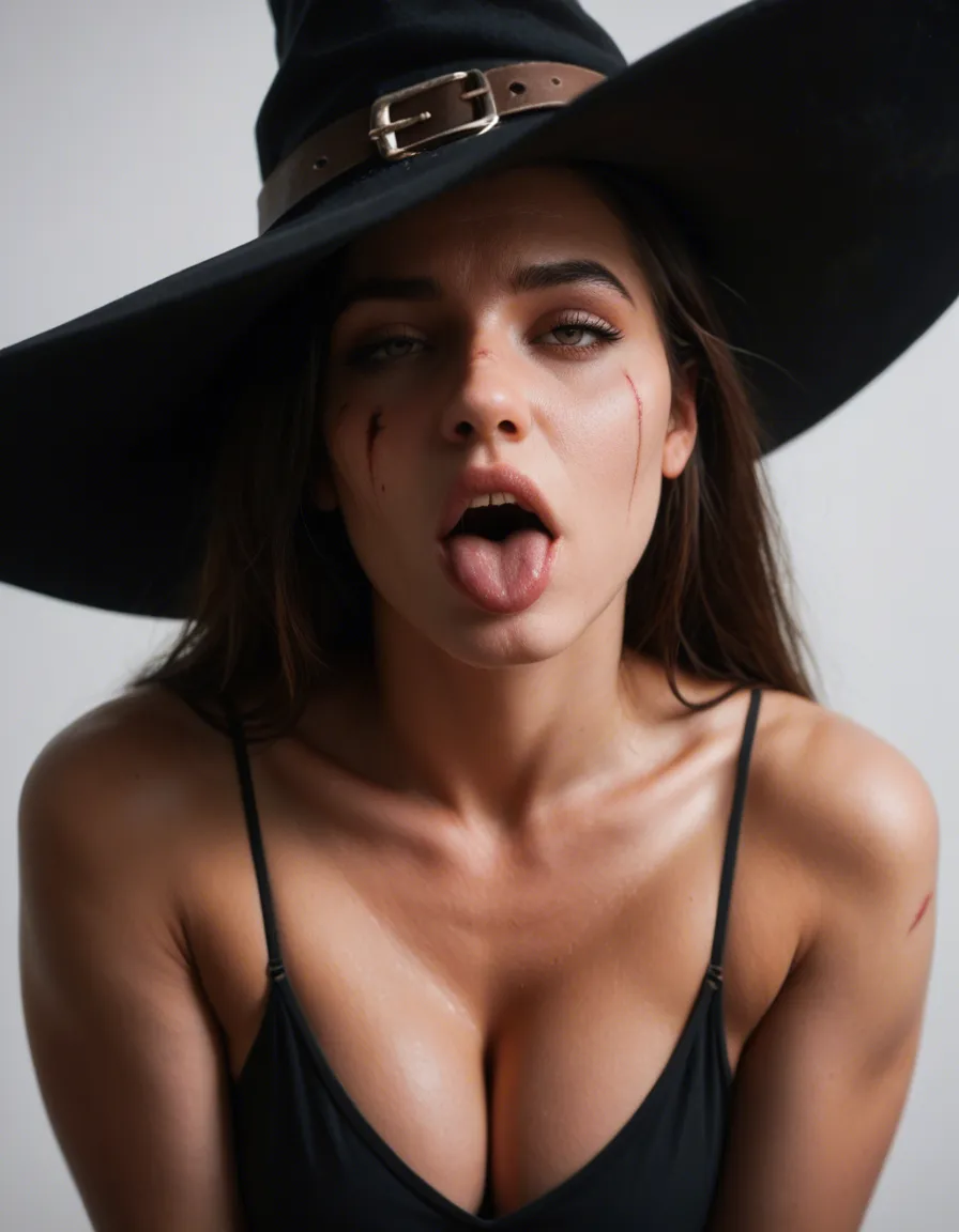 ultra HD, lifelike, three-quarter view, witch, ahegao, scar, white background, seductive look, photorealistic, score_9, score_8, candid photo, realistic skin texture, visible skin pores, film grain, depth of field