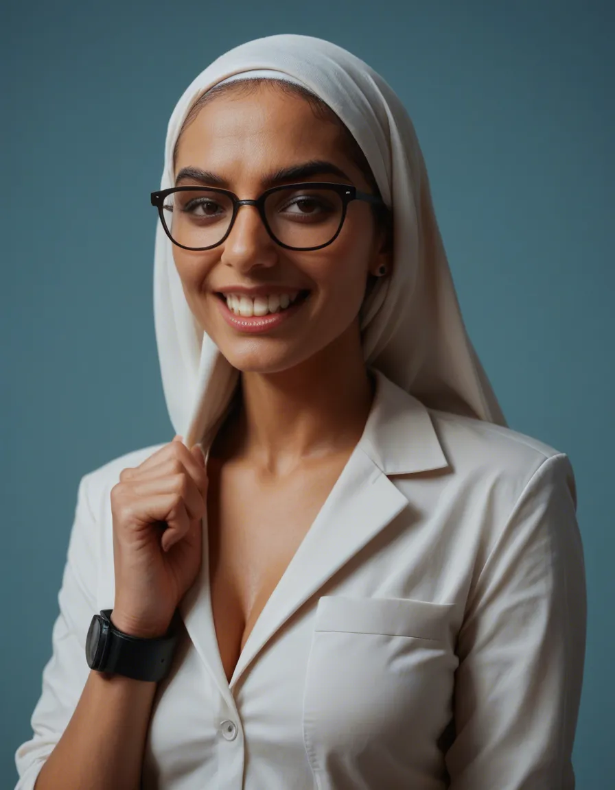 dslr, film grain, photorealistic, over the shoulder, office lady, bondage, glasses, blue background, teasing grin, natural skin texture hijab, score_9, score_8, candid photo, realistic skin texture, visible skin pores, film grain, depth of field