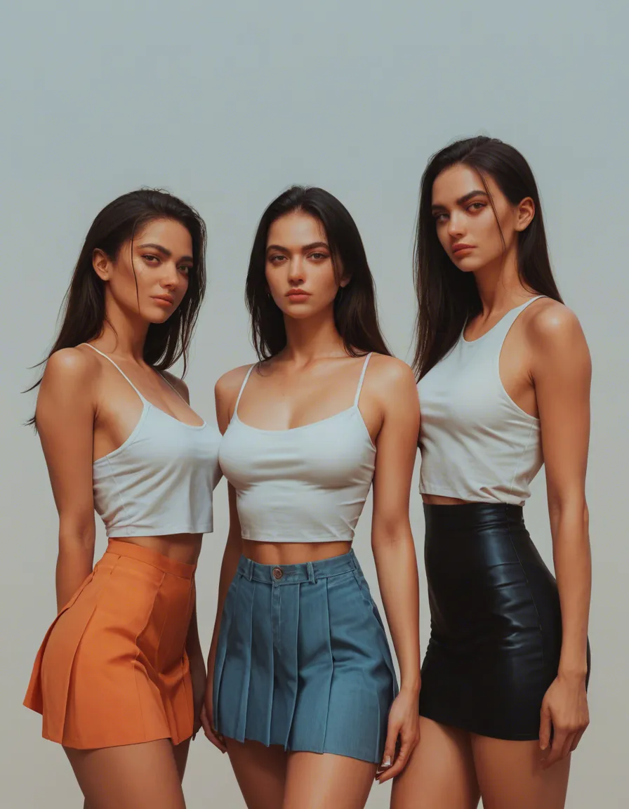 absurdres, highres, 4women, presenting, bare shoulders, skirt, gradient background, manga aesthetic