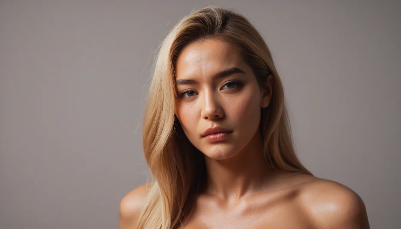 realistic, Asian, straight_hair, blonde_hair, blue_eyes, curvy, large_breasts, 35 age, submissive, strong relationship, trans, score_9, score_8, candid photo, realistic skin texture, visible skin pores, film grain, depth of field