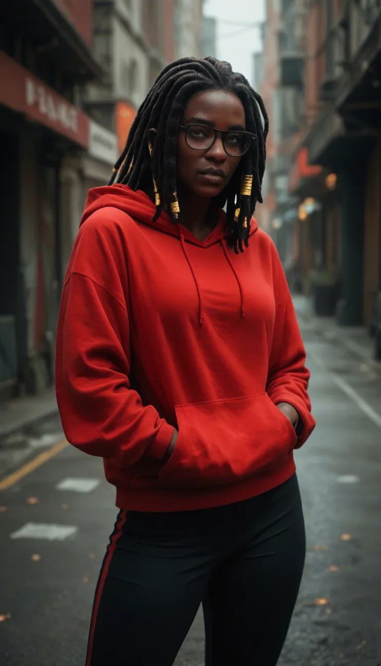 baggy big red hoodie, mixed, dreadlocks, 18, glasses , plump