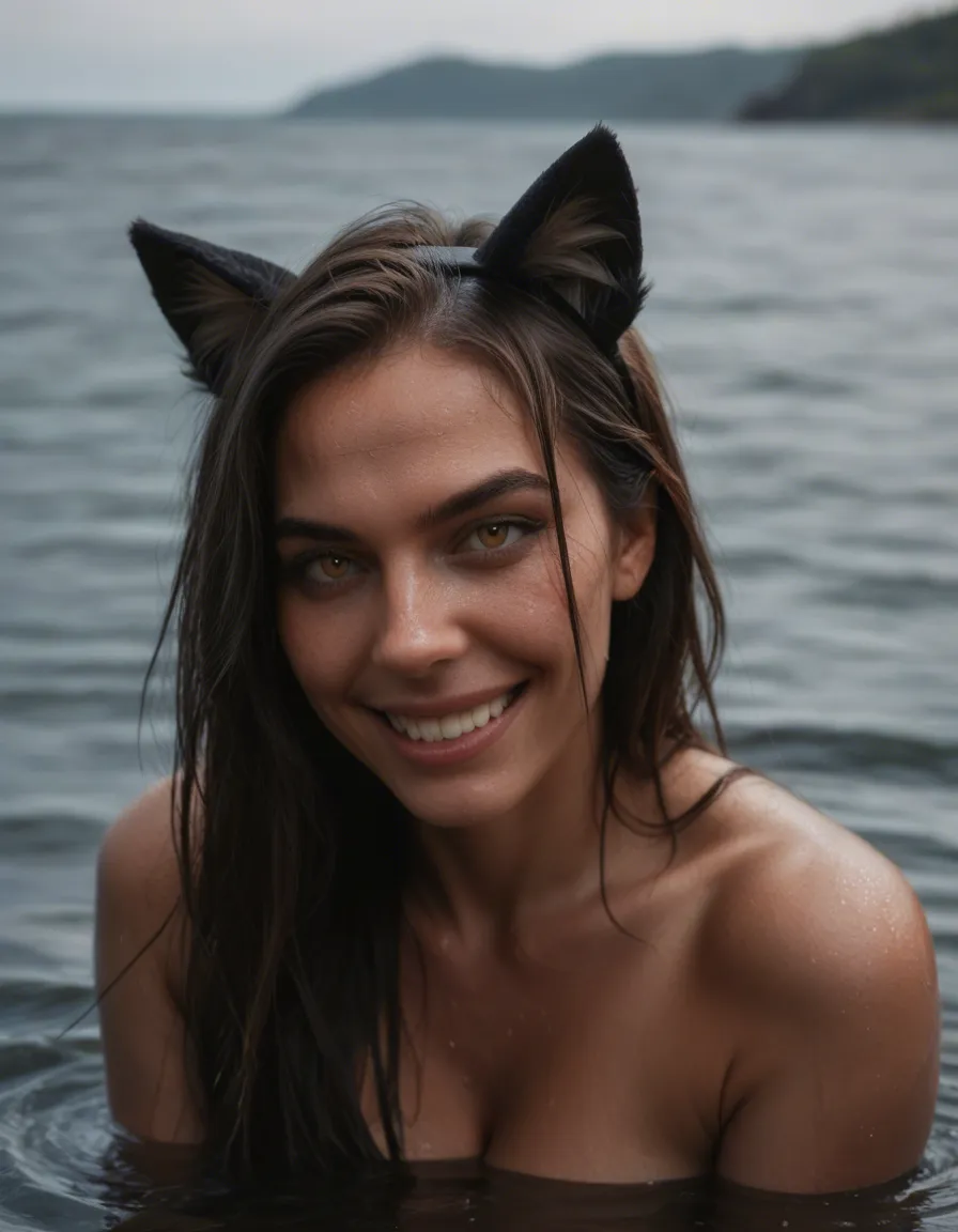 8k, sharp focus, detailed skin, three-quarter view, catgirl, futanari, fake animal ears, water, teasing grin, 8k uhd photo, score_9, score_8, candid photo, realistic skin texture, visible skin pores, film grain, depth of field
