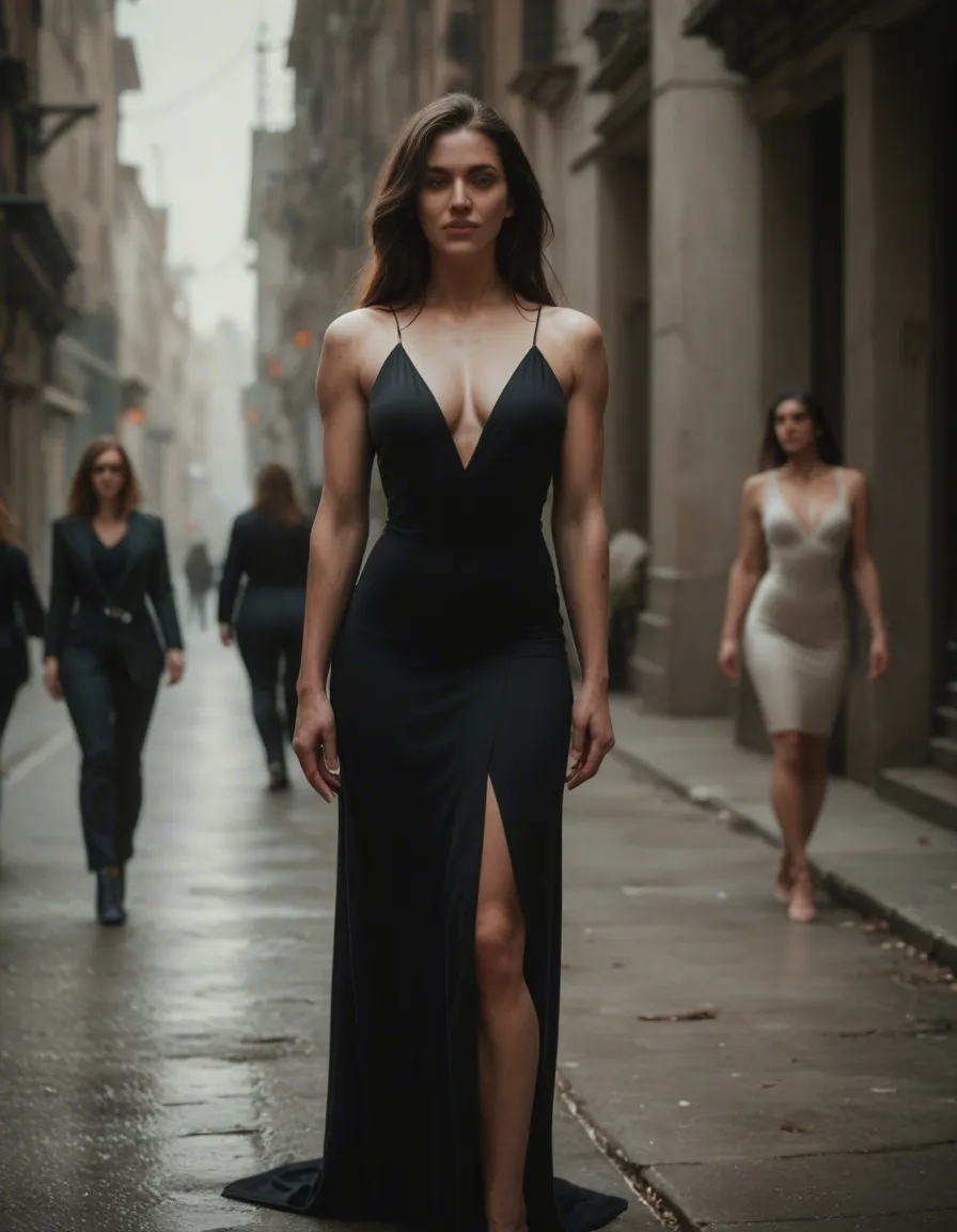 cinematic photo, 8k, 4women, long hair, dress, futanari, cool tones, film photography, score_9, score_8, candid photo, realistic skin texture, visible skin pores, film grain, depth of field