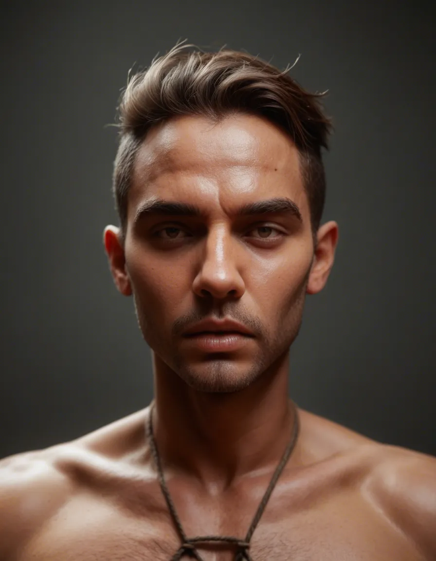 ultra HD, lifelike, 1boy, alternate costume, bondage, natural skin texture, score_9, score_8, candid photo, realistic skin texture, visible skin pores, film grain, depth of field