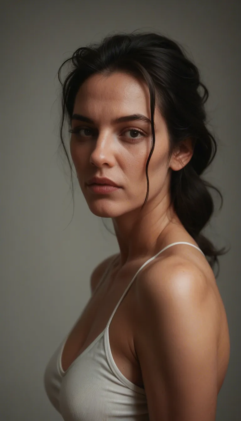 first-person point of view from bottom, mature woman about 45 years old, small expression lines around the big black eyes, loose long black hair, wears a short unbuttoned blouse, slender but shapely body, abundant breasts, the woman handjobs the observer who ejaculates repeatedly on the woman' s breasts