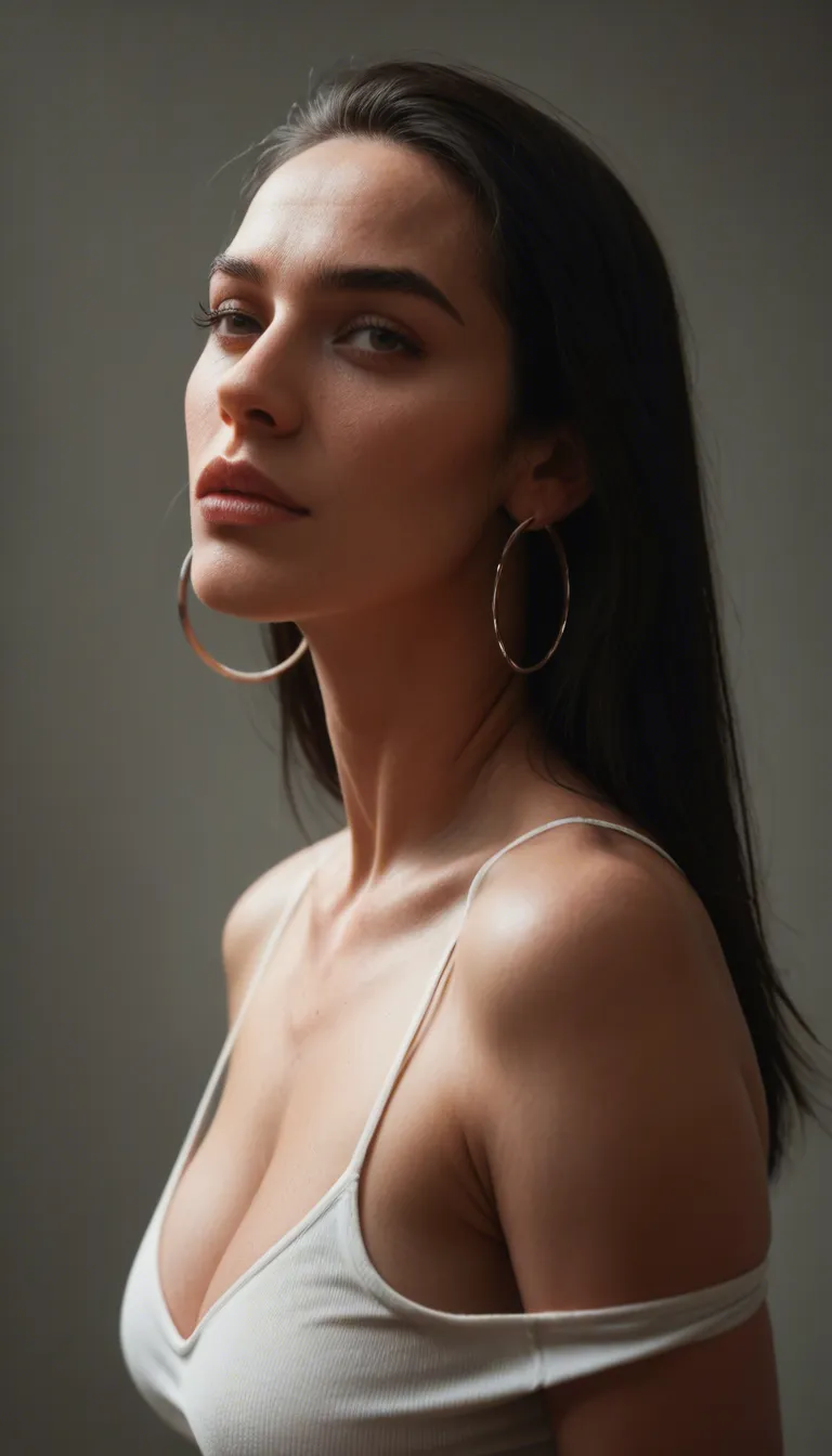 A frontal first-person shot of a mature woman about 45 years old, small expression lines around her big black eyes, long loose black hair, silver hoop earrings, she wears an unbuttoned blouse, slender but shapely body, abundant breasts, sitting above the observer, leaning forward and clutching the erect penis of the observer with her hands who ejaculates several times, squirting the woman's hair and breasts with sperm