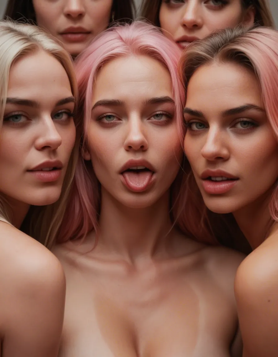 cinematic photo, 8k, 6+women, pink hair, official alternate costume, ahegao, hyperrealistic, score_9, score_8, candid photo, realistic skin texture, visible skin pores, film grain, depth of field