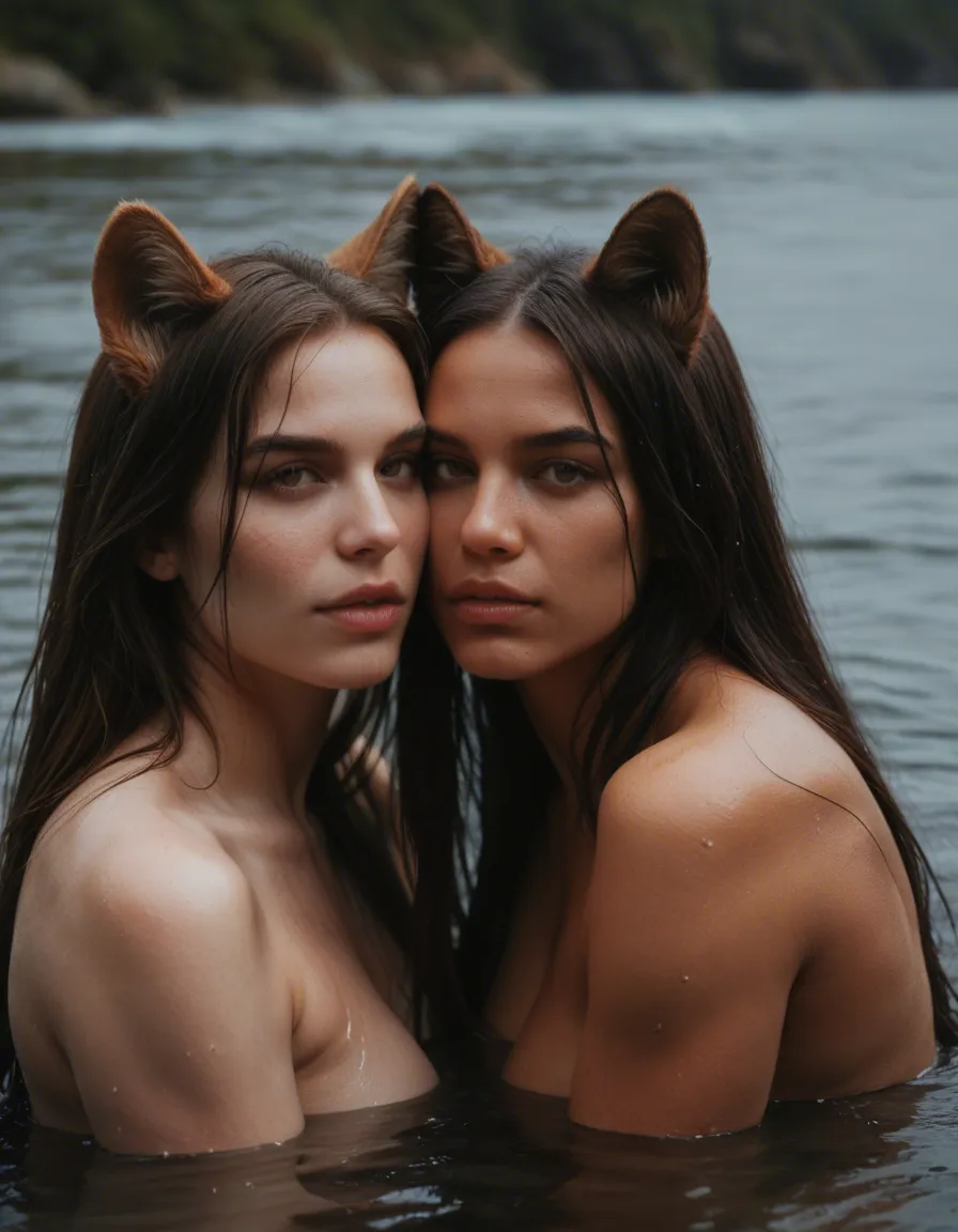 cinematic photo, 8k, extreme close-up, multiple women, fully nude, animal ears, water, tender moment, natural skin texture, score_9, score_8, candid photo, realistic skin texture, visible skin pores, film grain, depth of field