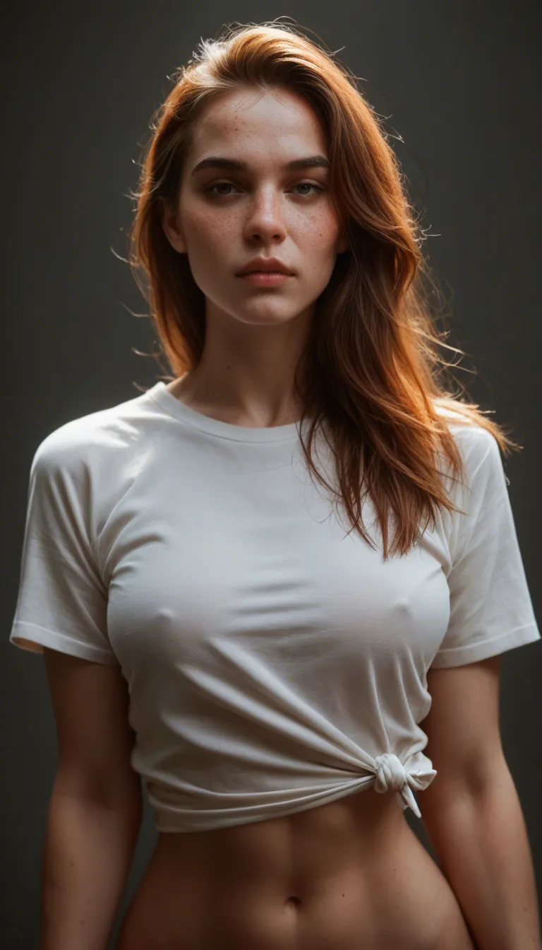 a cute 27 year old white woman with freckles pulls up her shirt to reveal her big bouncy naked tits