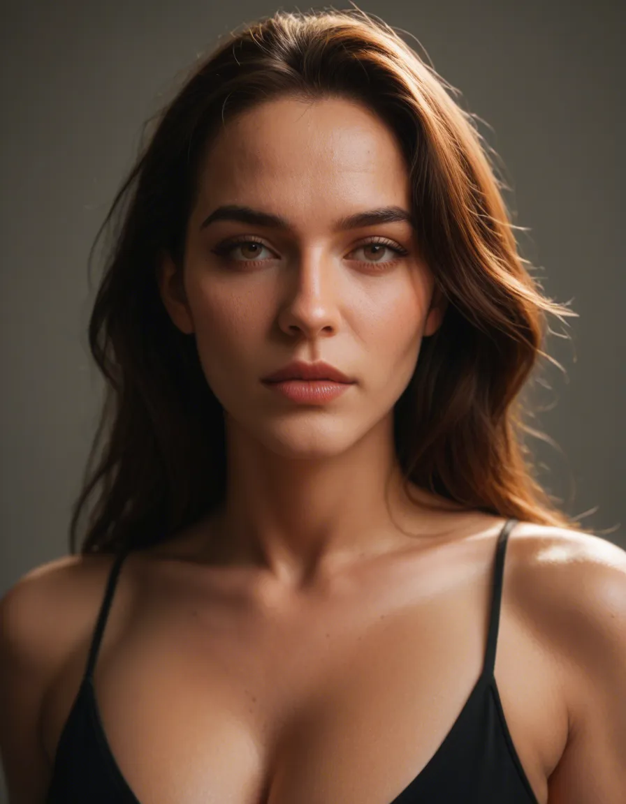 Haz una imagen de una mujer con senos grandes y gigantes, score_9, score_8, candid photo, realistic skin texture, visible skin pores, film grain, depth of field