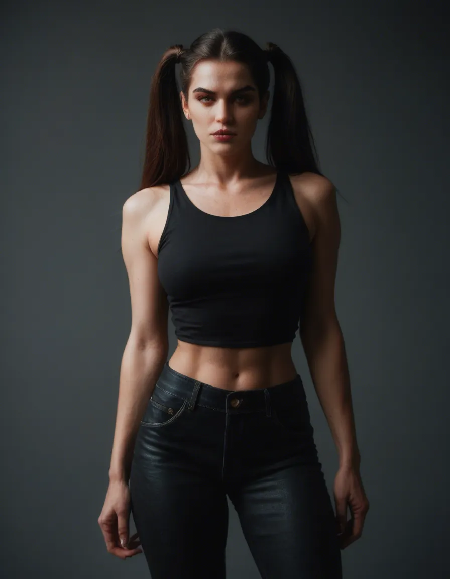 studio quality, sharp focus, succubus, twintails, pants, futanari, RAW photo, score_9, score_8, candid photo, realistic skin texture, visible skin pores, film grain, depth of field