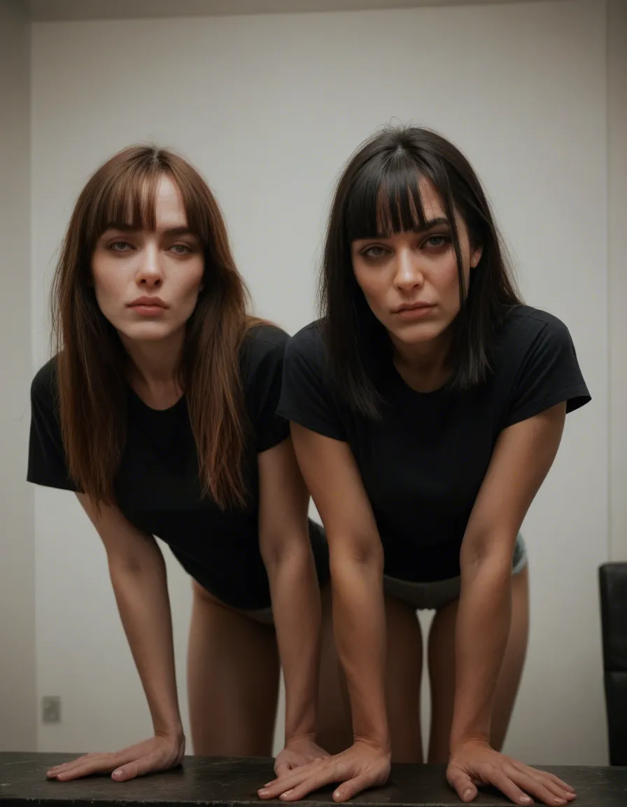 cinematic photo, 8k, 2girls, blunt bangs, short sleeves, bent over, RAW photo, score_9, score_8, candid photo, realistic skin texture, visible skin pores, film grain, depth of field