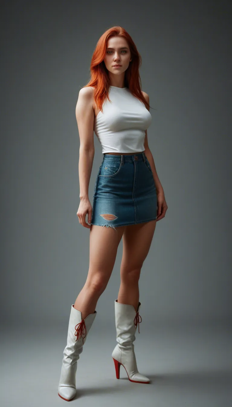 A 75-year-old woman, cute woman next door looks, straight red bobbed hair, wearing high-heeled white boots, a denim mini skirt with a white belt, a satin buttoned white blouse, undressing