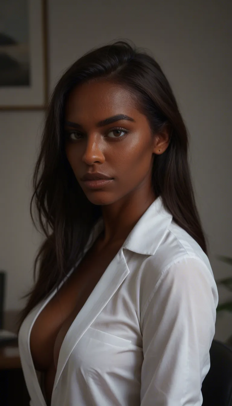 highly detailed, natural lighting, extreme close-up, office lady, grinding, dark-skinned female, relaxed mood, hyperrealistic