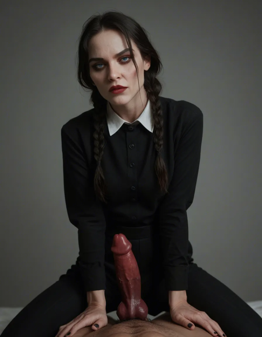 @wednesday from addams family riding a large canine dildo, score_9, score_8, candid photo, realistic skin texture, visible skin pores, film grain, depth of field