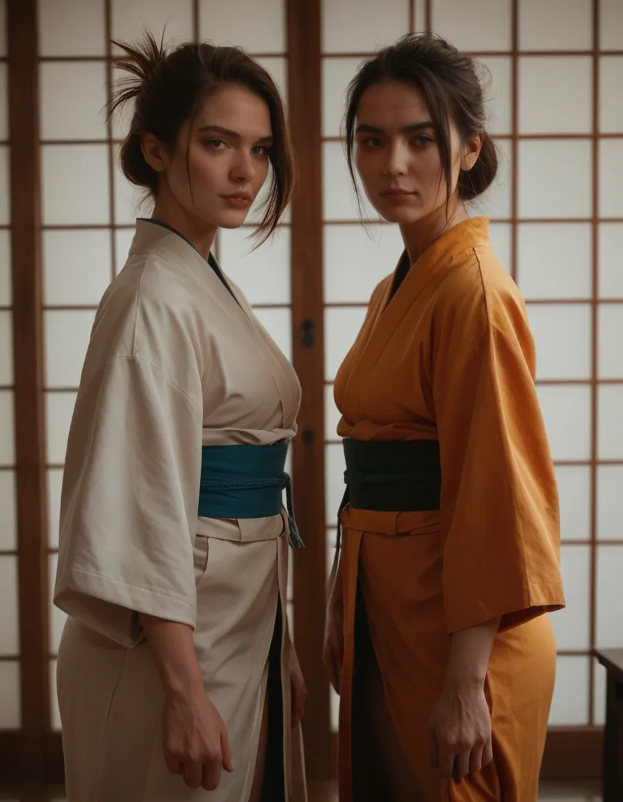 best quality, hyperrealistic, 2women, swept bangs, japanese clothes, bent over, photorealistic, score_9, score_8, candid photo, realistic skin texture, visible skin pores, film grain, depth of field