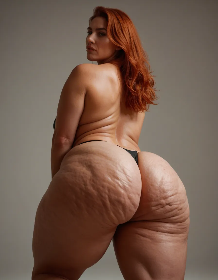 8k, sharp focus, detailed skin, cellulite, mature_female, super thick curvy ass, bbw, redhead, score_9, score_8, candid photo, realistic skin texture, visible skin pores, film grain, depth of field