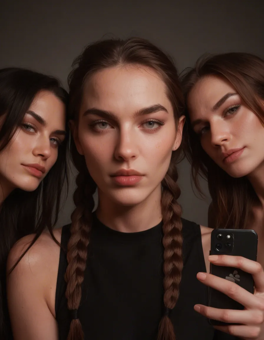 best quality, hyperrealistic, 4women, twin braids, pantyhose, futanari, RAW photo, score_9, score_8, amateur photo, phone snapshot, realistic skin texture, skin blemishes, soft indoor lighting