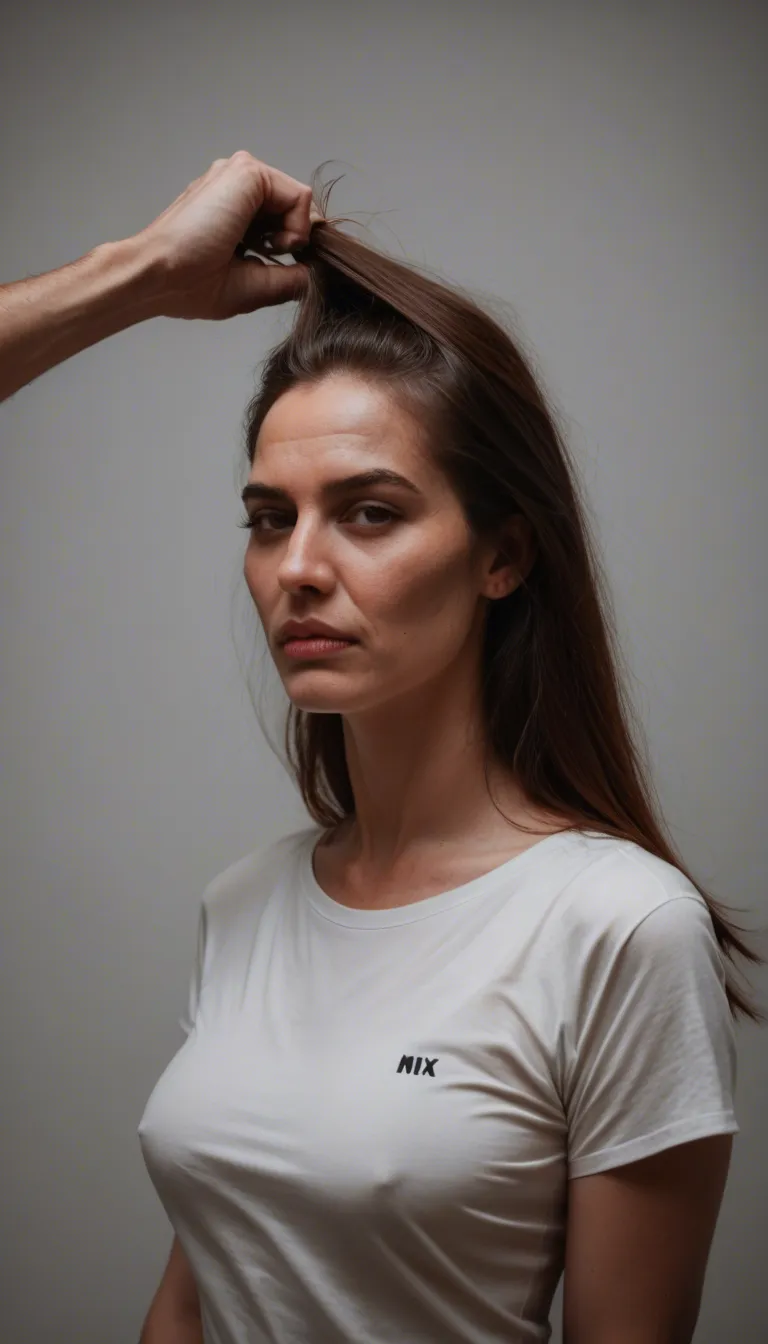 RAW photo, ultra realistic, milf, shirt, hair pull, ambient glow, photorealistic